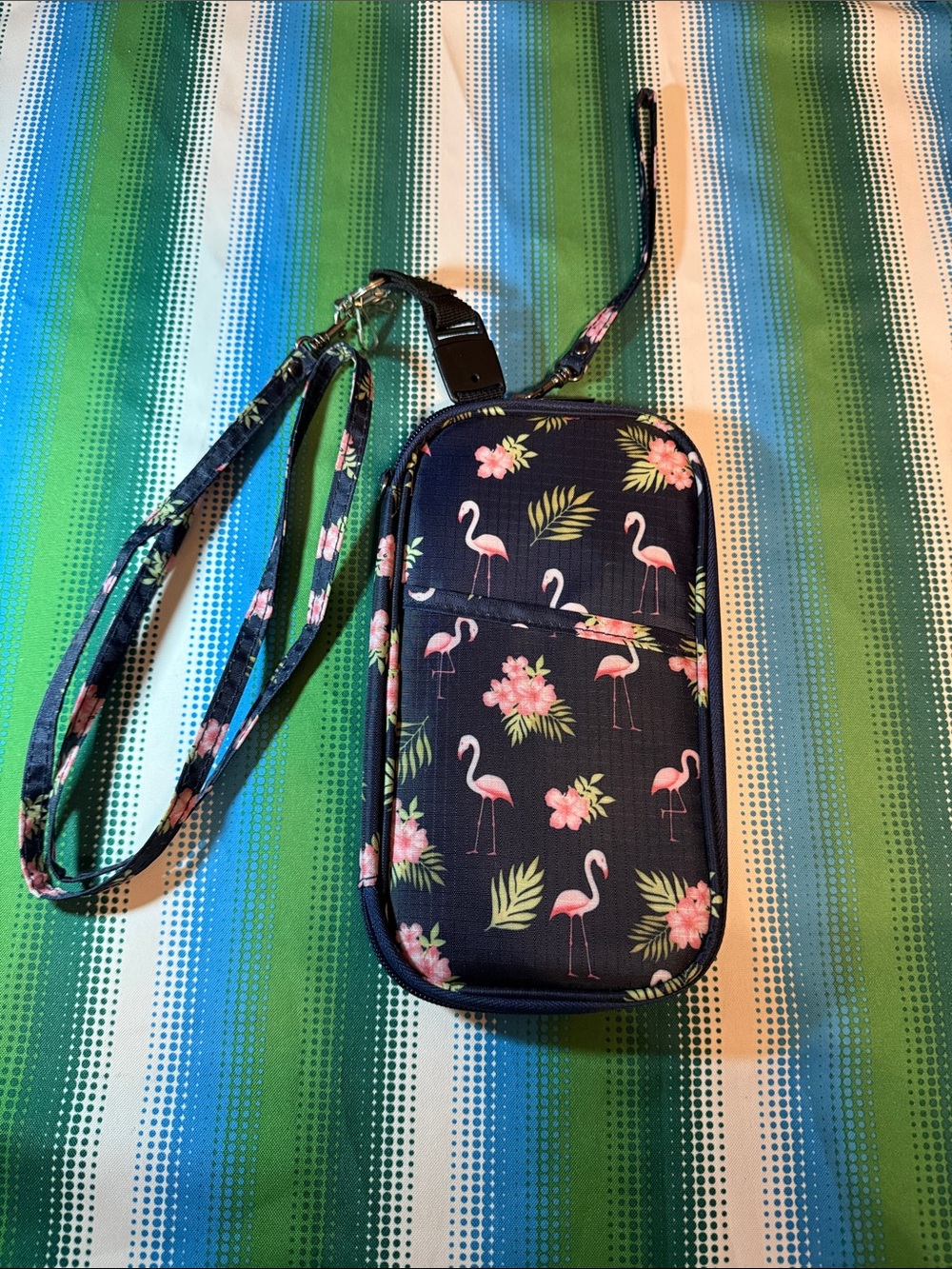 Navy Flamingo wallet with Wrist Strap and Neck Lanyard